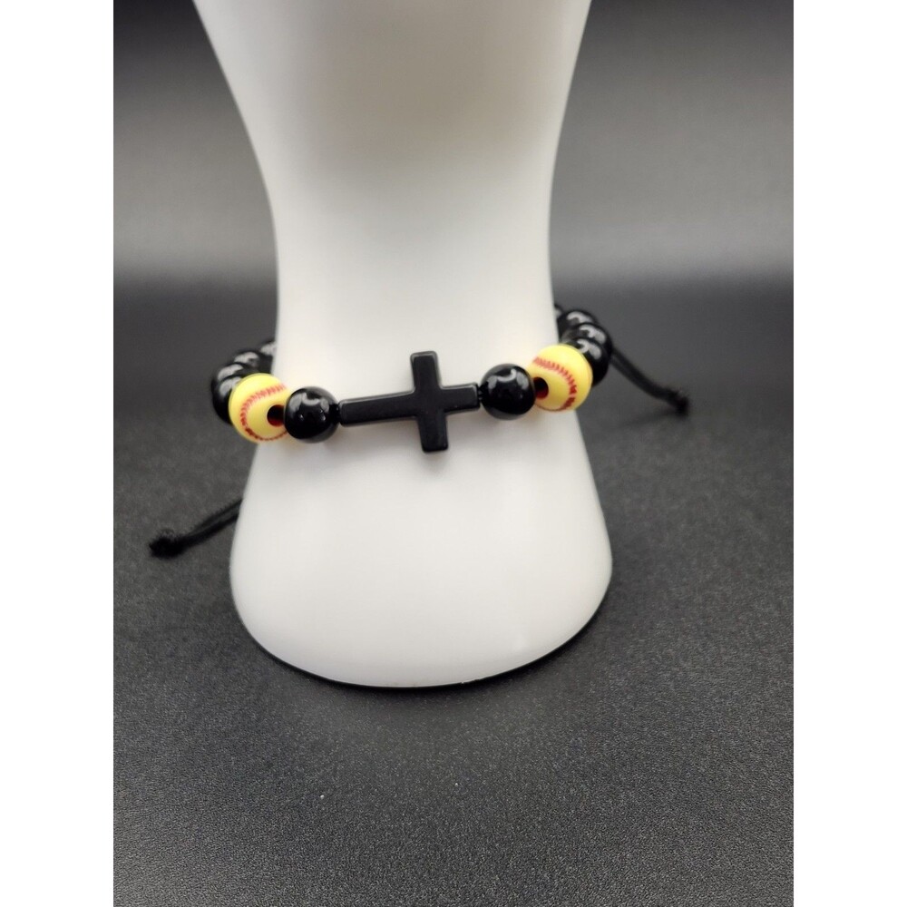 Softball With Cross Black Beaded Bracelet Never Been Worn Adjustable Comfort